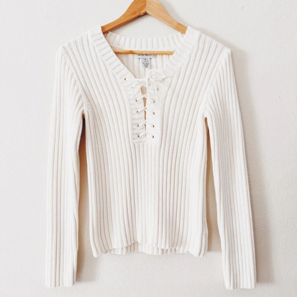 90s vintage cotton v-neck sweater w/ lace tie detail
